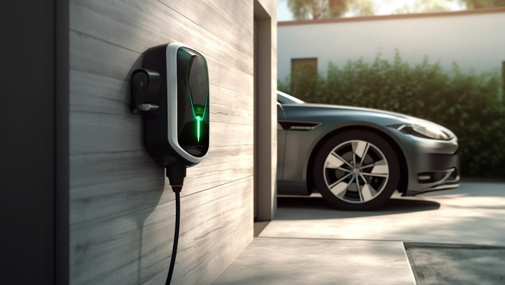 Modern wallbox with green light signal installed on a house wall, an electric car parked in front of it - symbolic image for individual, 360° advice on electromobility and customized charging infrastructure