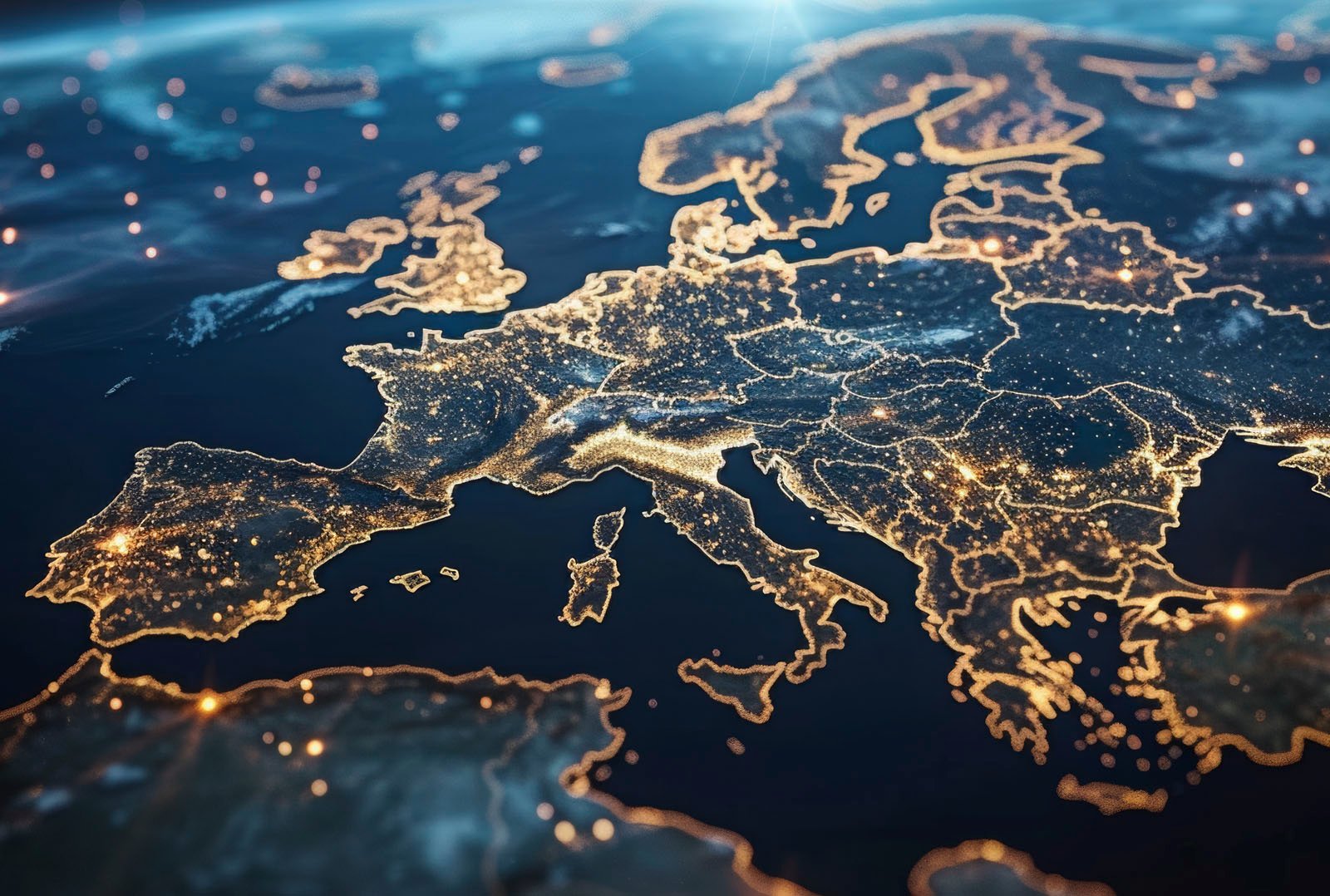Glowing map of Europe at night with a focus on networked charging infrastructure for electric vehicles across Europe
