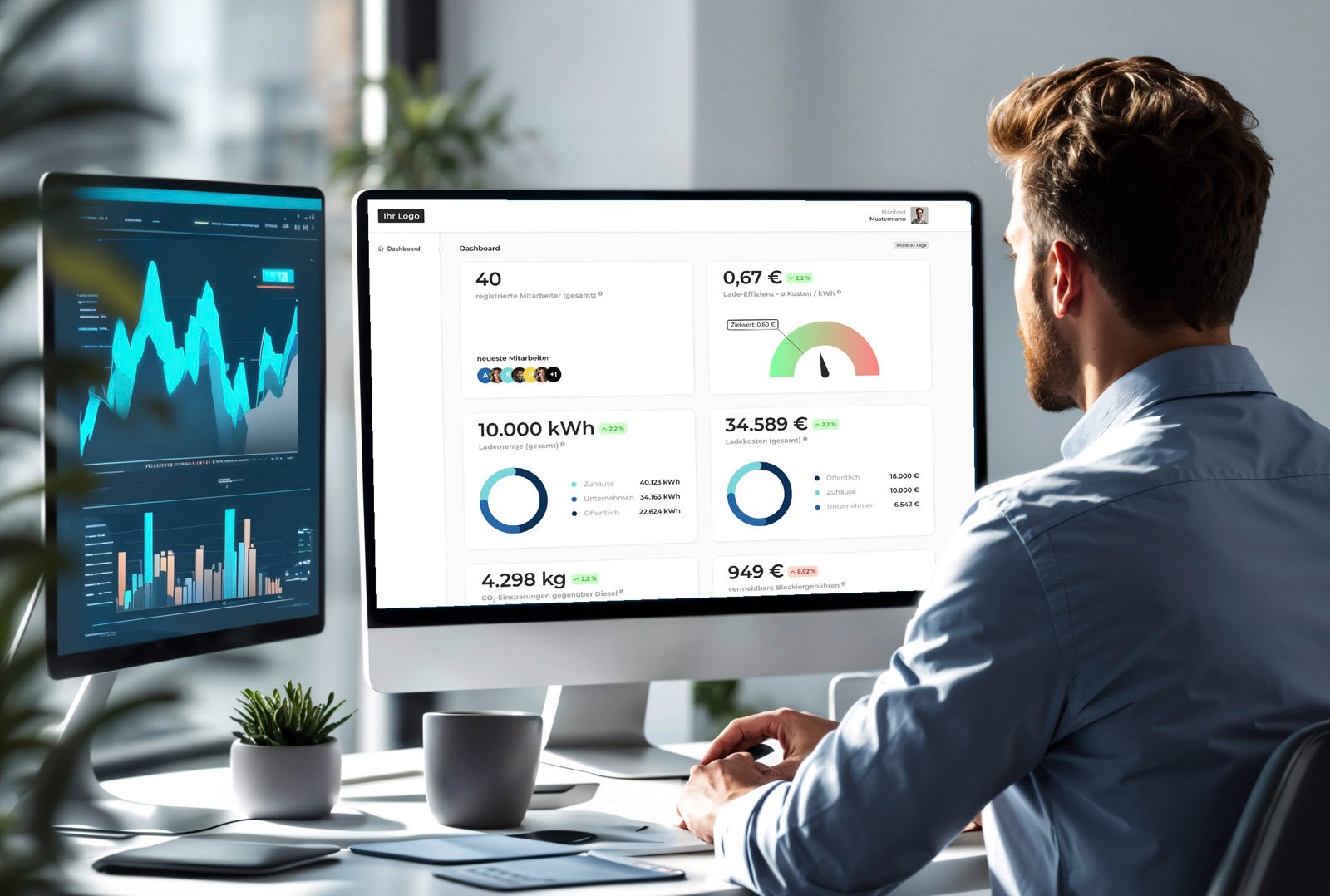A man looks at two screens with graphical dashboards for charging analysis - visible are diagrams of power consumption, CO₂ savings and charging costs for data-based fleet management