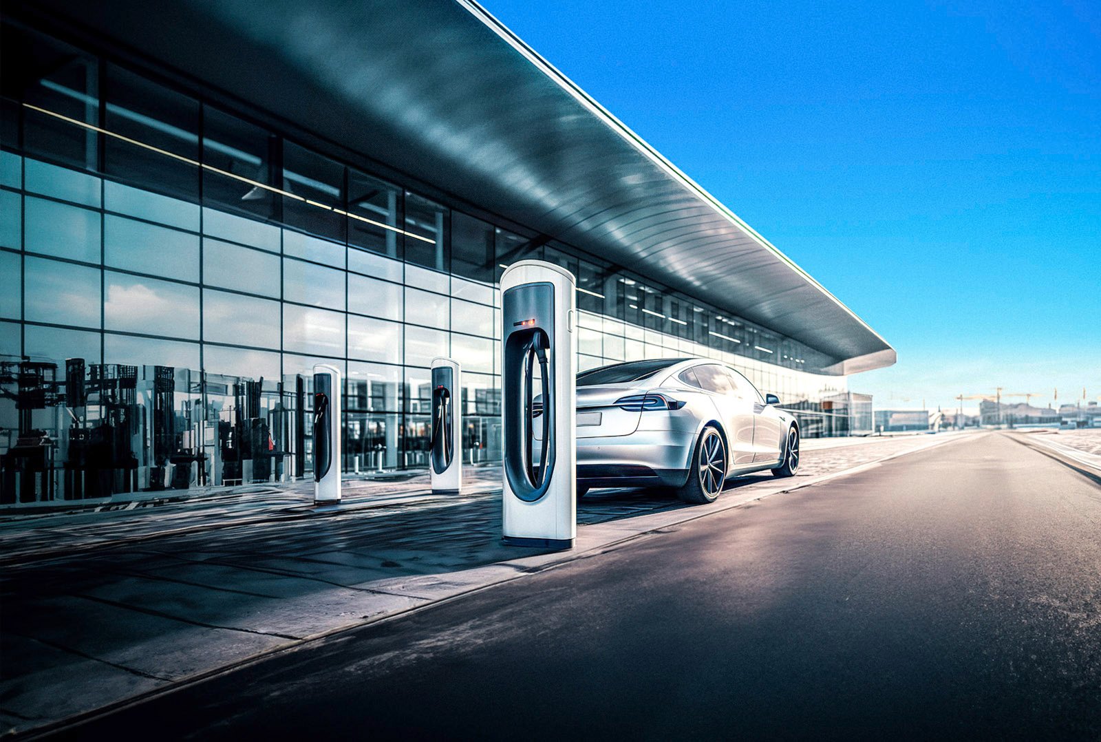 Silver electric car charging at a modern charging station in front of an office building - presentation of a scalable charging infrastructure concept for companies as part of site electrification with Charge4Business