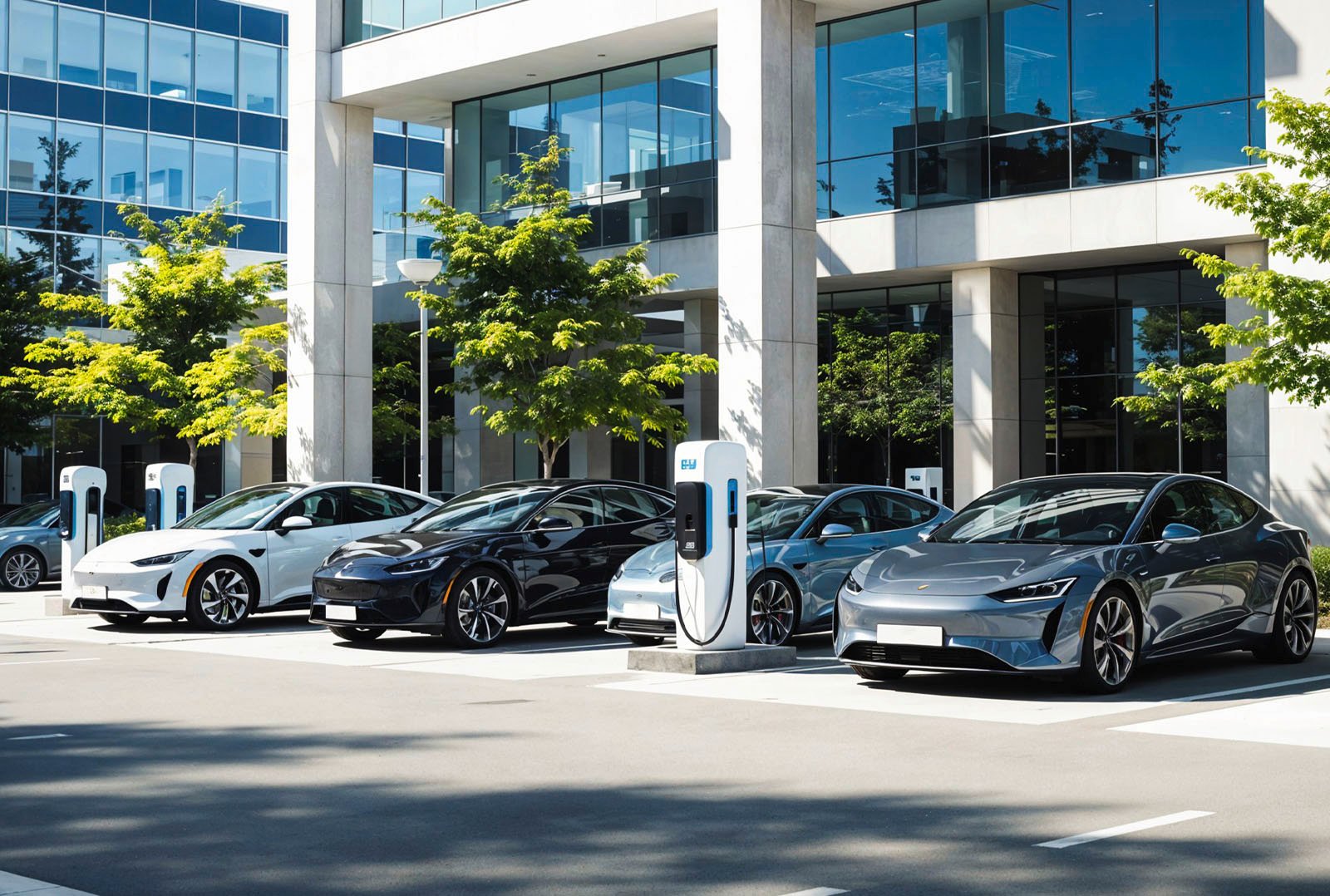 Several electric cars charging at charging points in front of a modern office building - a symbolic image for fleet electrification and sustainability.