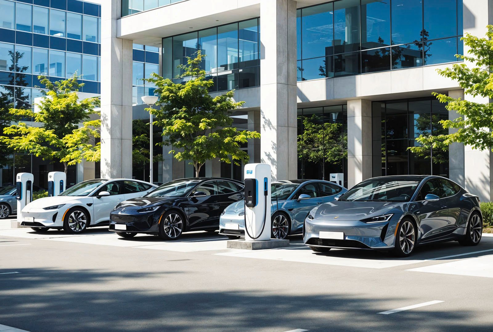 Several electric cars charging at charging points in front of a modern office building - symbolic image for sustainable fleet electrification through Fleet2E.