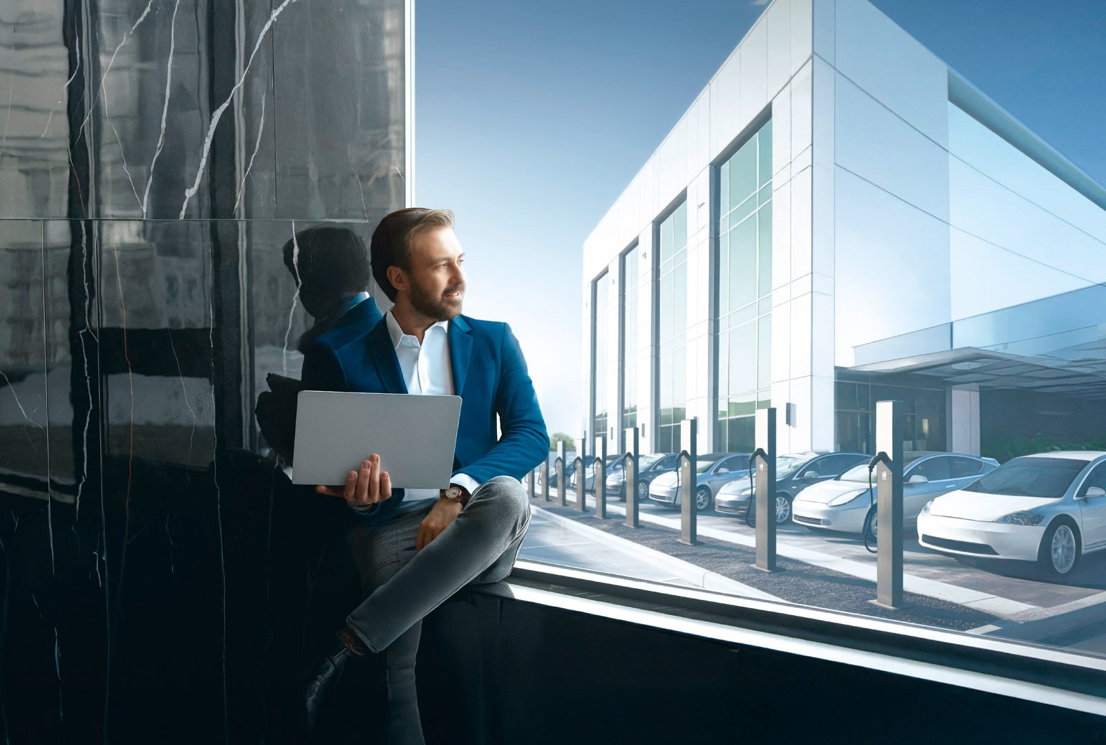 Man with laptop sitting in front of modern company headquarters with several parked e-cars and charging stations - symbolic image for holistic fleet electrification solutions in the commercial sector