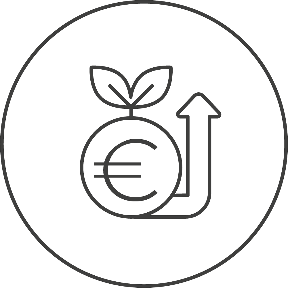 Icon of a money bag with arrow pointing upwards